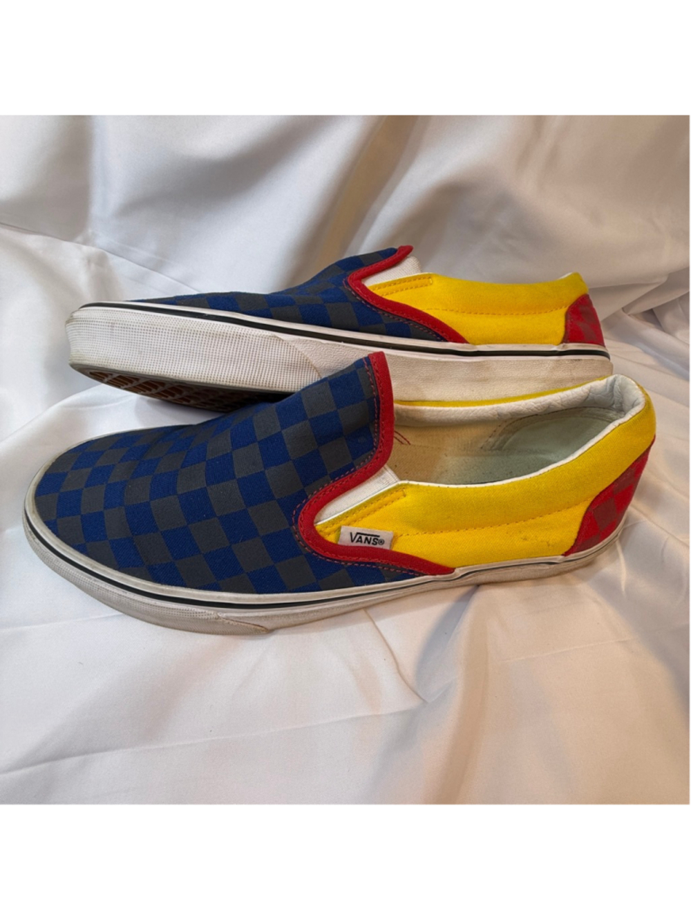 Vans Classic Slip-On Checkerboard Colorblock Blue Yellow Red Sneakers Men’s 9 Wo - Picture 8 of 9